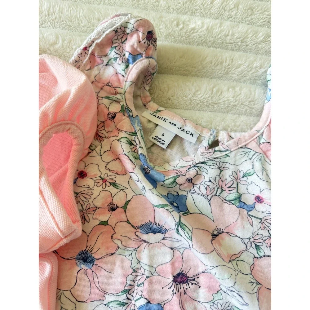 Janie and Jack Girls 3pc Set Pink Polo Floral Top Skort Shorts Size 5